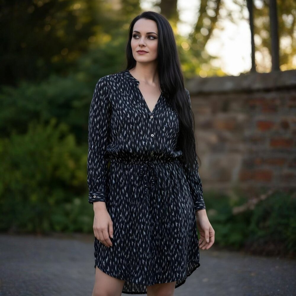 Soft Joie ✦ Navy Ikat Shirt Dress ✦ Button Front w/ Drawstring Waist XS Rayon